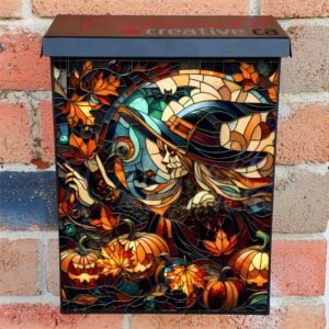 Stained Glass Halloween Witch and Pumpkins Colonial Mailbox Cover