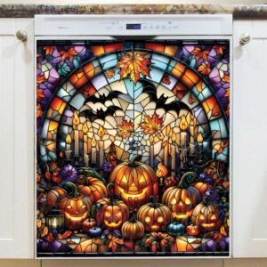 Stained Glass Halloween Pumpkin and Bats Magnetic Dishwasher Door Cover
