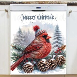 Christmas Cardinal Greetings Magnetic Dishwasher Door Cover