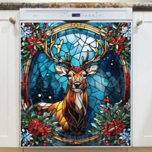 Stained Glass Christmas Deer 2 Magnetic Dishwasher Door Cover