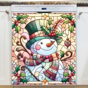 Stained Glass Pastel Snowman 2 Magnetic Dishwasher Door Cover