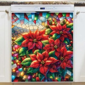 Stained Glass Christmas Poinsettias Magnetic Dishwasher Door Cover
