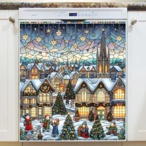 Stained Glass Christmas Village Magnetic Dishwasher Door Cover