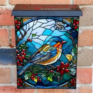 Stained Glass Cute Winter Bird Colonial Mailbox Cover