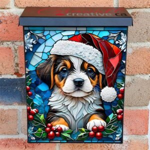Stained Glass Christmas Puppy Colonial Mailbox Cover