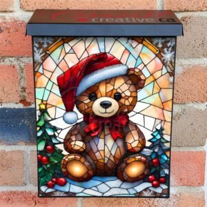 Stained Glass Christmas Teddy Bear Colonial Mailbox Cover