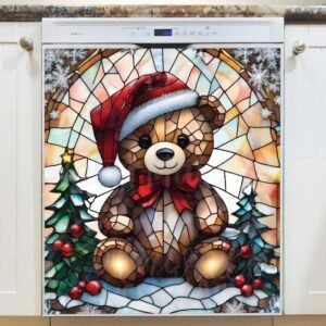 Stained Glass Christmas Teddy Bear Magnetic Dishwasher Door Cover