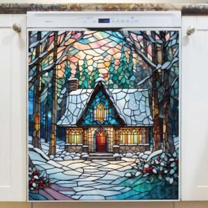 Stained Glass Christmas Cottage in the Wood Magnetic Dishwasher Door Cover