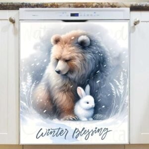 Winter Bear and Bunny in the Snow Magnetic Dishwasher Door Cover