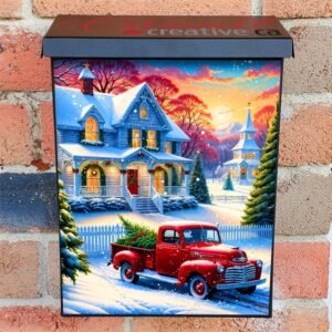 Cozy Christmas Cottage and Red Truck Colonial Mailbox Cover