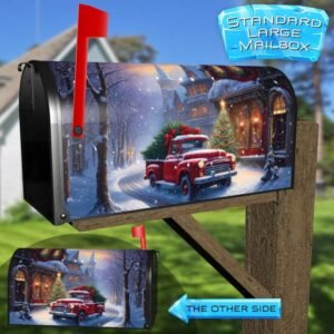 Red Truck in the Christmas Town Rural Farm Mailbox Cover