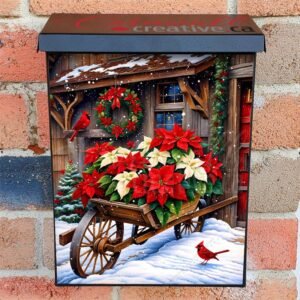 Christmas Wheel Barrel and Cardinals Colonial Mailbox Cover