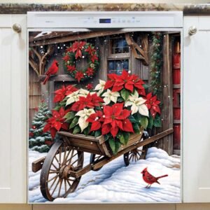 Christmas Wheel Barrel and Cardinals Magnetic Dishwasher Door Cover