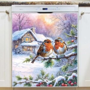 Christmas Robins at the Cottage Magnetic Dishwasher Door Cover
