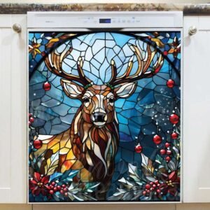 Stained Glass Winter Deer Magnetic Dishwasher Door Cover