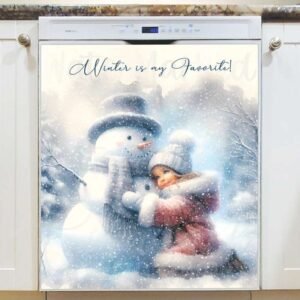 Cute Girl with a Snowman Magnetic Dishwasher Door Cover