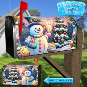 Stained Glass Pastel Christmas Snowman Rural Farm Mailbox Cover