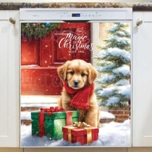 Christmas Puppy at the Door Magnetic Dishwasher Door Cover
