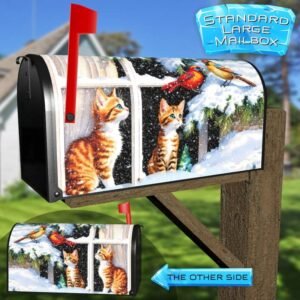 Curious Kittens and Winter Birds Rural Farm Mailbox Cover
