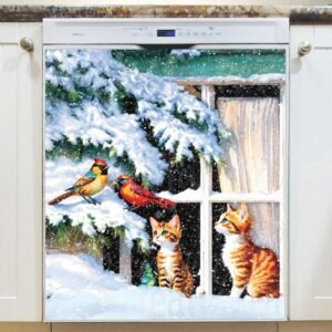 Curious Kittens and Winter Birds Magnetic Dishwasher Door Cover
