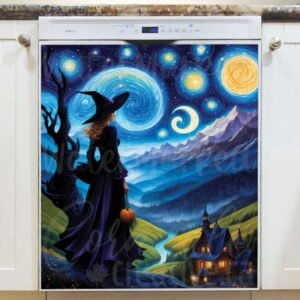 Starry Night Halloween Witch Magnetic Dishwasher Door Cover