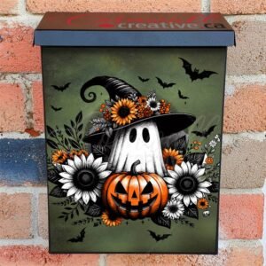 Halloween Ghost with Flowers and Pumpkin Colonial Mailbox Cover