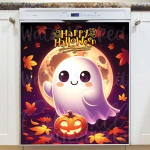 Cute Halloween Ghost with a Pumpkin Magnetic Dishwasher Door Cover