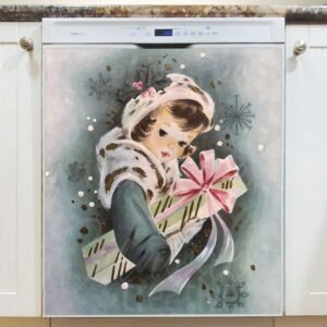 Vintage Christmas Girl with a Gift Magnetic Dishwasher Door Cover