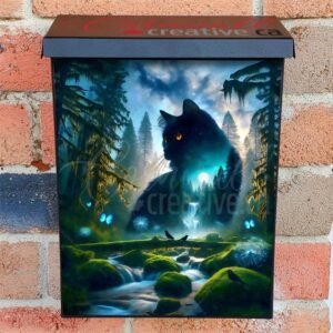 Black Fantasy Forest Cat Colonial Mailbox Cover