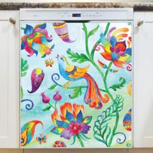 Spring Folk Bird and Flowers Magnetic Dishwasher Door Cover