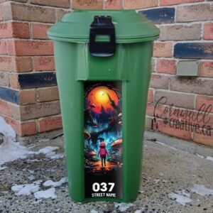 Colorful alien walking in an enchanted woods Green Bin Sticker