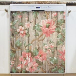 Flowers on Wood Background #1 Magnetic Dishwasher Door Cover