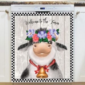 Farmhouse Cow with Flower Wreath Magnetic Dishwasher Door Cover
