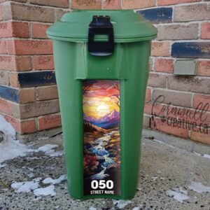 Stained glass river at sunset Green Bin Sticker
