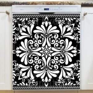 Black and White Folk Pattern Magnetic Dishwasher Door Cover