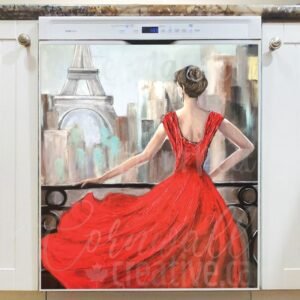 Parisian Woman in Red Dress Magnetic Dishwasher Door Cover