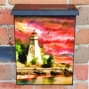 White Lighthouse in the Pink Sunset Colonial Mailbox Cover