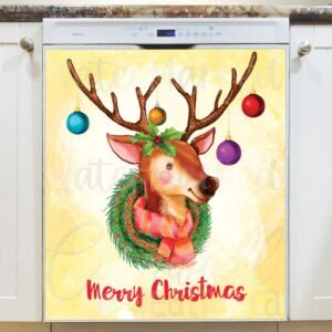 Rudolph the Reindeer and Christmas Wreath Magnetic Dishwasher Door Cover