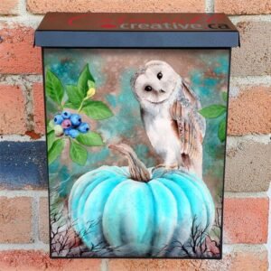 Cute Barn Owl Sitting on a Blue Pumpkin Colonial Mailbox Cover