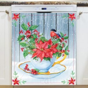 Winter Teacup with Flowers and a Robin Magnetic Dishwasher Door Cover