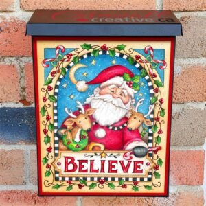 Santa and Reindeer with a Believe Sign Colonial Mailbox Cover