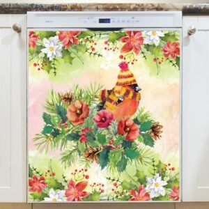 Christmas Bird with Flowers Magnetic Dishwasher Door Cover