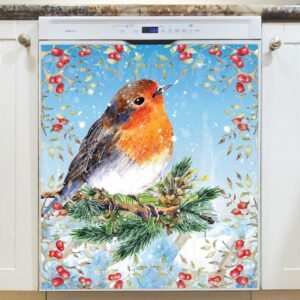 Winter Robin on a Pine Tree Branch Magnetic Dishwasher Door Cover