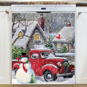 Heirloom Red Truck with Snowman Magnetic Dishwasher Door Cover