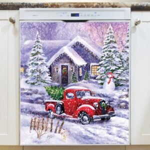 Red Truck with Snowman and Cottage Magnetic Dishwasher Door Cover