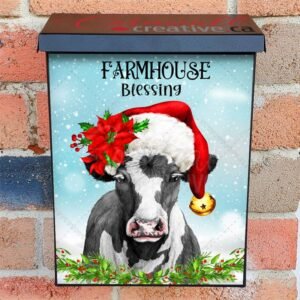 Farmhouse Cow in Santa Hat Colonial Mailbox Cover