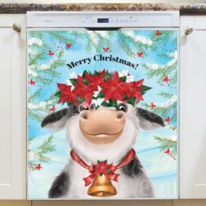 Cow with Christmas Flowers Magnetic Dishwasher Door Cover