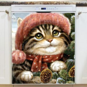 Cute Christmas Kitten in Hat #2 Magnetic Dishwasher Door Cover